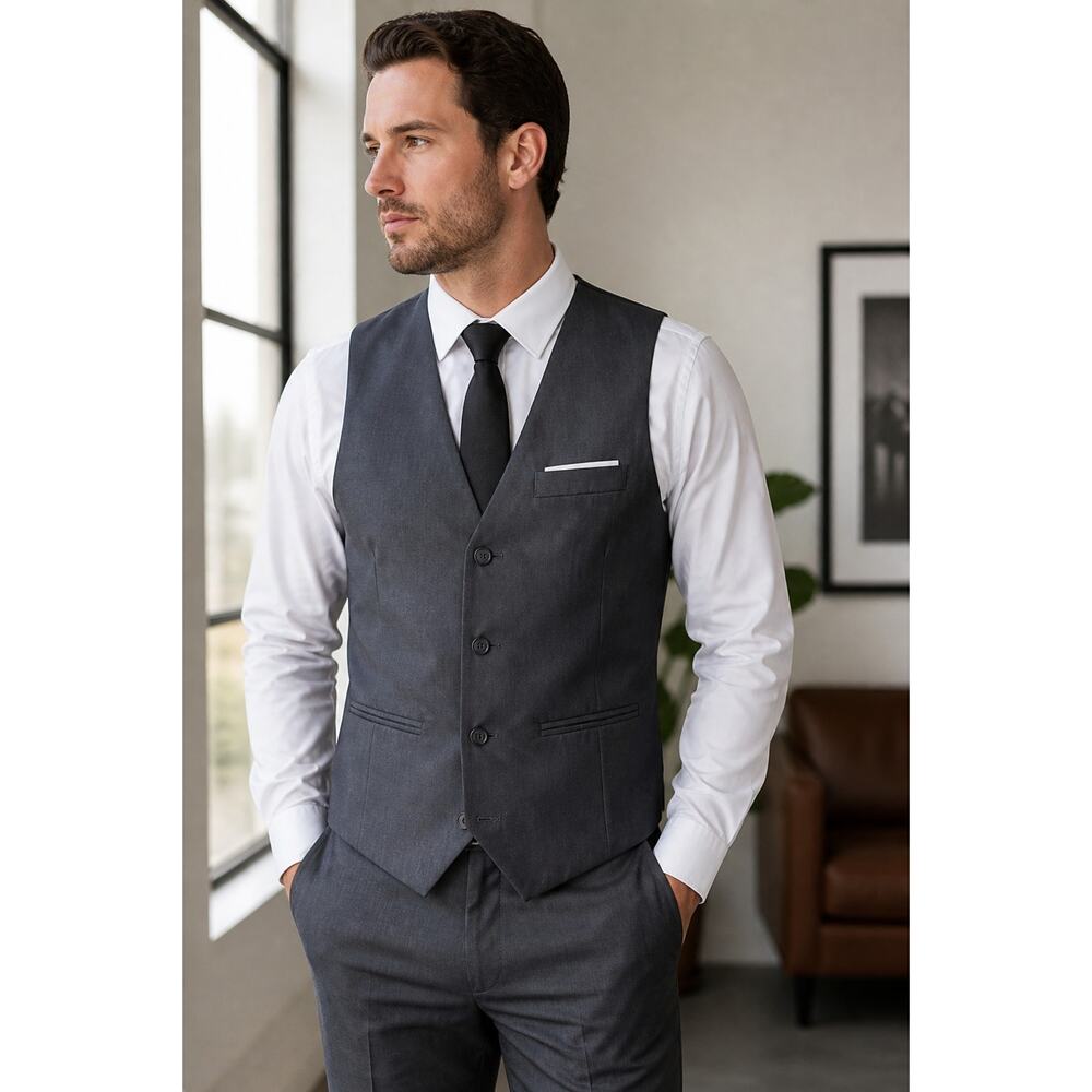 H2H Mens Suit Vest Gray 4 Button Formal Business Wedding Size M Slim